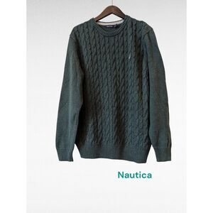 Vtg.  Nautica crewneck cable-knit dark green long sleeve sweater  Sz L